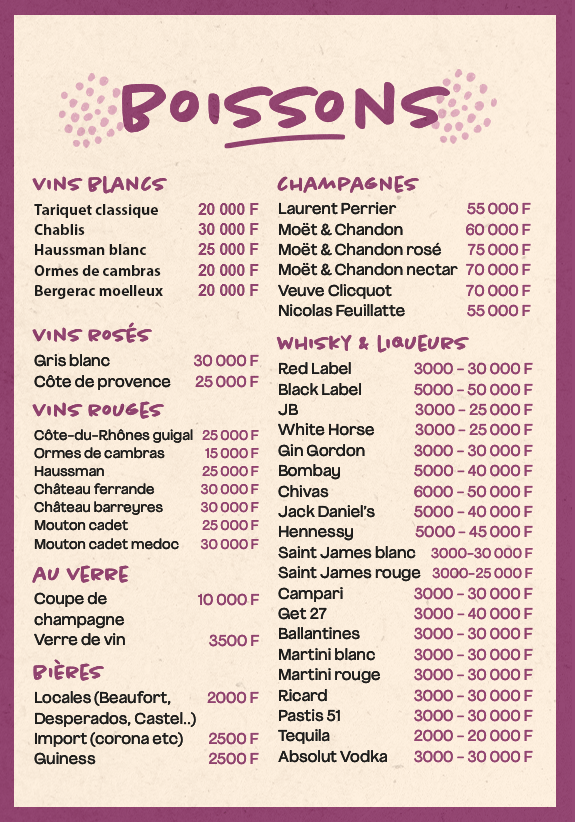 Notre carte du jour